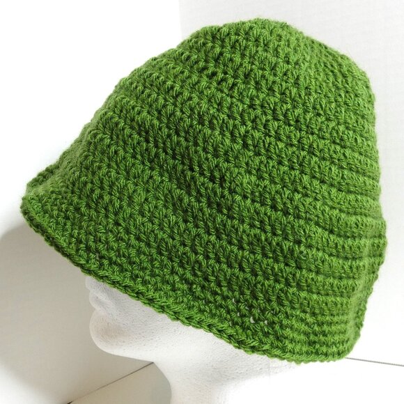 Dark Green Bucket Hat OS Handmade Crochet Hand Knit Roll Up Beanie Spring Garden - Picture 3 of 9